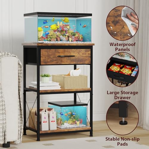 5-10 Gallon Fish Tank Stand, Height Adjustable Metal Aquarium Stand with Storage Drawers for Fish Tank Accessories Storage, Perfect for Turtle Tank, Reptile Terrarium, Brown - color: Brown, size: 5-10 Gallon