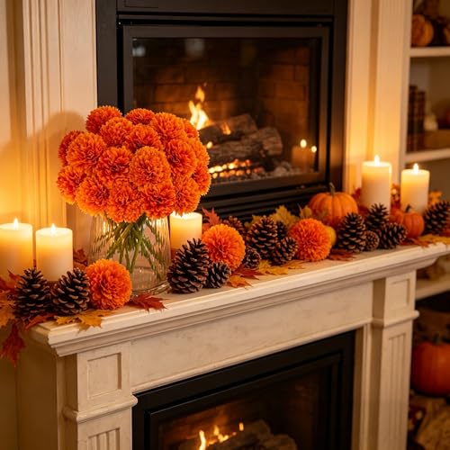 Kimura's Cabin 20Pcs Orange Chrysanthemums Artificial Flowers Silk Faux Mums with Stem Balls Flowers for Halloween Thanksgiving DIY Bouquets Arrangement Home Table Centerpieces Decor Vase Fillers - color: Orange Yellow