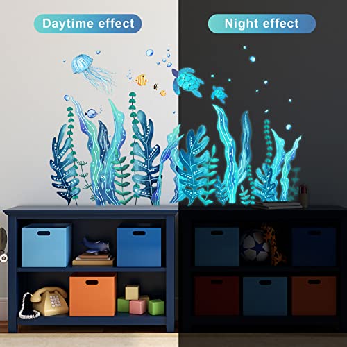 Tenare 5 Sheets Glow in The Dark Ocean Sea Turtle Wall Decals Stickers Under The Sea Stickers Seaweed Grass Jellyfish Fish Removable Vinyl Decal for Bedroom Bathroom Baby Nursery Room Wall Decor(Blue) - style: Glow Style