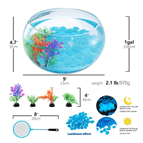 1 Gallon Glass Fish Bowl with Decor, Include Fluorescent Rocks & Colorful Plastic Trees, High White Glass for Clear View, Small Fish Bowl/Aquarium for Betta/Goldfish, Nice Home Décor - color: 1 gal fish bowl