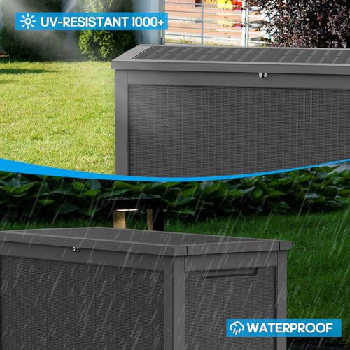 TARKARI 320 Gallon Outdoor Storage Box Waterproof, Resin Deck Boxes with Lockable Lid & UV-Resistant for Patio, Pool, Garden Furniture Cushions & Accessories, Black - color: Black, size: 320 GAL