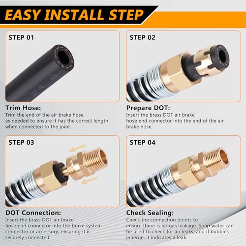 Air Brake Fittings, Dazakoot Brass DOT 3/8” Hose x 3/8” Male Air Hose End Connector with Spring Guard, Air Brake Hose Fittings Repair Kit, 8 Pack Air Brake Hose Fittings & 8 Pack 3/8” Sleeve Tubes - size: 3/8" Hose X 3/8" Male, style: 16PCS KIT