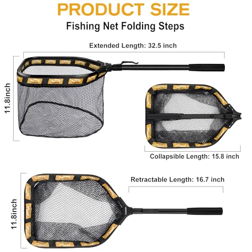 PLUSINNO Floating Fishing Net for Steelhead, Salmon, Fly, Kayak, Catfish, Bass, Trout Fishing, Rubber Coated Foldable Landing Net with Fixed or Telescoping Pole Handle, Fishing Gear and Gifts for Men - color: 11.8/30cm Hoop Size Orange (Fixed Pole)