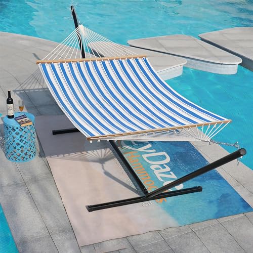 Lazy Daze Hammocks Quick Dry Hammock with Spreader Bar Textliene Fabric Double 2 Person Hammock with Chains Outdoor Patio Poolside Backyard Beach 450 lbs Capacity, Blue Stripes - color: Blue Stripes