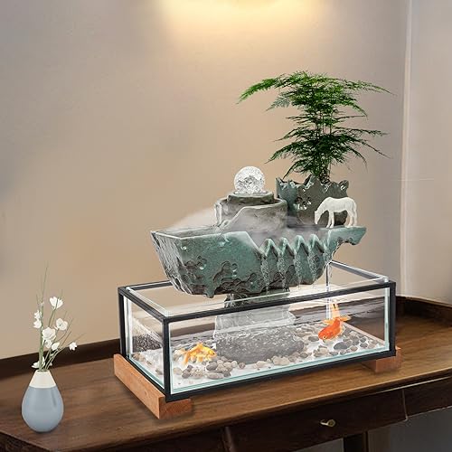 Desktop Water Fountains Indoors with LED Light, Eco Fish Tank for Home Office Decor, Rockery and Aquariums Water Fall Indoor for Living Room Office Deco, Relaxing Desktop Waterfall(16 * 8 * 5in)