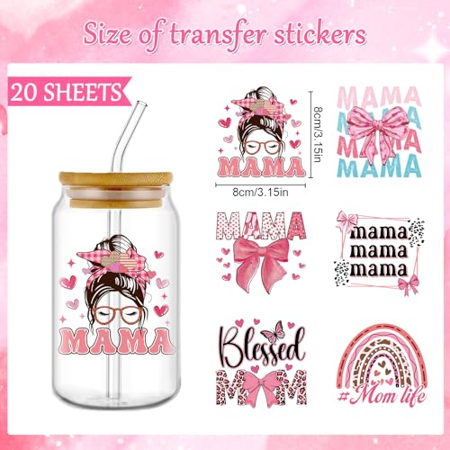 Rngmsi Mama UVDTF Cup Wrap - 20 Sheets Mom UV DTF Cup Wraps for 16 oz, Pink Bow Aesthetic Uvdtf Stickers for Glass Water Botters, Rainbow Flower Affirmative Rub on Transfer Decals - style: Mama