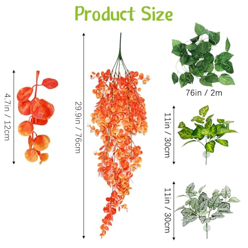 Hamiledyi Reptile Plants 5 Pcs Climbing Terrarium Plant with Suction Cup Artificial Decor for Snake Cage Bearded Dragon Tank Accessories for Lizard, Leopard Gecko, Chameleon, Snake (Orange) - size: 5 PCS - Style 5