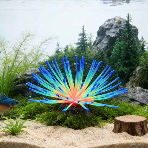 Glowing Sea Urchin Aquarium Decor - Fluorescent Rainbow Ornament with Weighted Base for Fish Tank, Safe Soft Silicone, Freshwater & Saltwater, Vibrant Glow Under Blue Light (Blue) - color: Blue