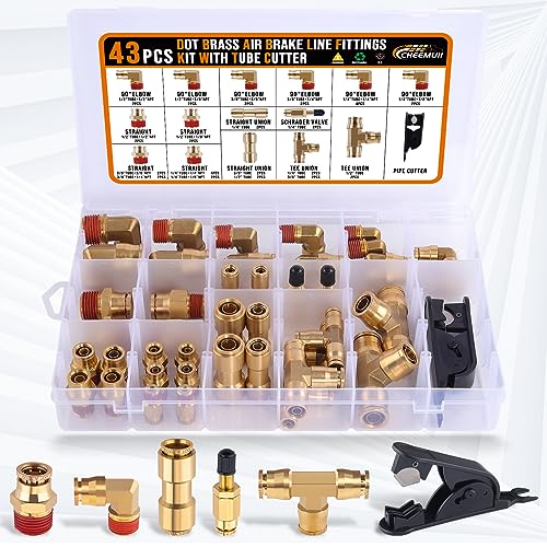 CheeMuii 43 PCS Brass DOT Air Line Fittings 1/4" 3/8" 1/2" DOT Push Lock Air Fittings 100% Brass Quick Connect & NPT Thread Air Hose Fittings Repair Kit for Truck or Industrial Air System