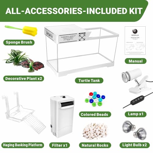 GOZILLA Aquatic Turtle Tank Kit+Lamp+Filter, Upgrade PC Turtle Tank Starter Kit with Adjustable Lamp & Filter,Reptile Habitat with Lid,Hanging Platform for Small Reptiles.(19.68×9.52×9.44''/White Kit) - color: Large-White-KIT