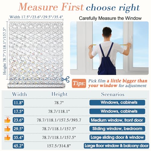 Windimiley 3D Diamond Frosted Window Privacy Film, Static Cling Decorative Glass Covering, No Glue Removable Vinyl, UV Blocking Heat Control for Bathroom Bedroom Door, 11.8 x 78.7 inch