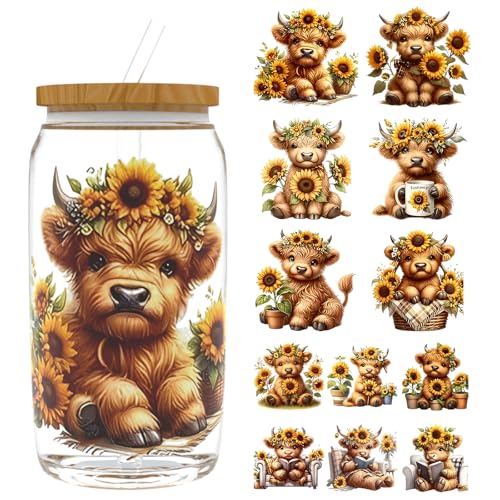 UV DTF Cup Wrap for 16oz Glass, 12 Sheets Highland Cattle Waterproof Rub On Transfers, UV DTF Decals Stickers for Tumbler Water Bottle - style: Highland Cattle