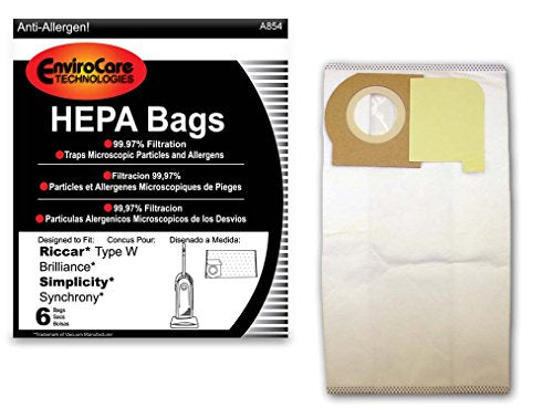 Envirocare Replacement HEPA Filtration Vacuum Cleaner Dust Bags made to fit Riccar Type W Brilliance and Simplicity Synchrony Vacuum Cleaners 6 pack