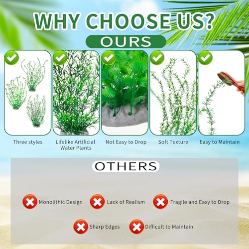 Qianyu 3 Pack Aquarium Plastic Decor Fish Tank Decorations Tall Artificial Green Grass Cluster Extra Large 23.6 Inch Underwater Plants Bendable Fish Tank Plants for Freshwater and Saltwater Tanks