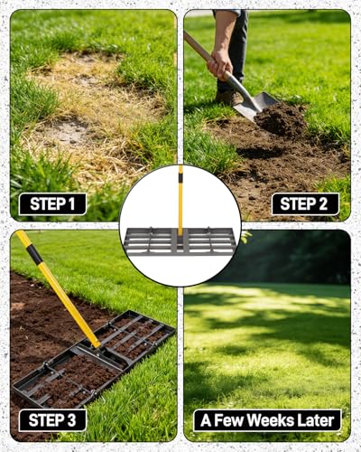 Lawn Leveling Rake, 48 Inch Yard Lawn Leveling for Soil with 78" Adjustable Steel Handle, Heavy Duty Effort Saving Landscape Lawn Leveler for Yard Garden Golf Course Soil Sand Dirt Grass - size: 48in