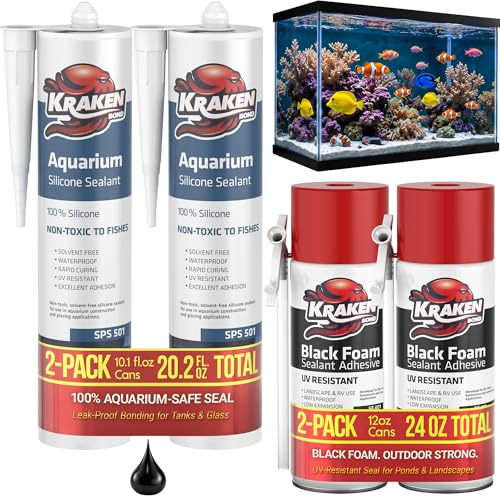 Kraken Bond Habitat Set Black Spray Waterfall Foam Sealant Straw Use 2x12 oz & Aquarium Silicone Sealant 2x10.1 fl oz – Vivarium, Terrarium, Fountain & Aquascape Background, Caulking Gun Not Included