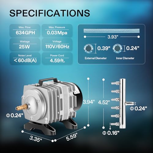 VIVOSUN Commercial Air Pump 634GPH, 25W, 40L/min 6 Outlet for Aquarium and Hydroponic Systems - style: 25W-634GPH