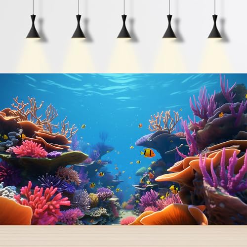 Under The Sea Aquarium Background Ocean Underwater World Fish Tank Backdrop Coral Tropical Fish Undersea Theme Aquarium Backdrop Deep Blue Sea with Sunbeams Terrarium Background Decor 24x12in - color: Coral Orange, size: 24(W)x12(H)in