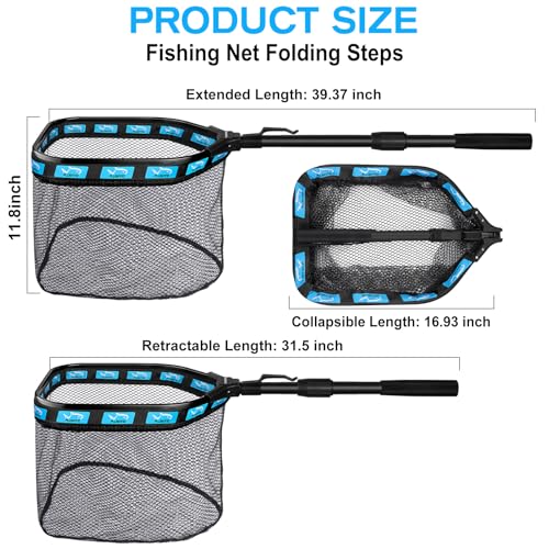 PLUSINNO Floating Fishing Net for Steelhead, Salmon, Fly, Kayak, Catfish, Bass, Trout Fishing, Rubber Coated Foldable Landing Net with Fixed or Telescoping Pole Handle, Fishing Gear and Gifts for Men - color: 11.8"/30cm Hoop Size 1.0M Blue (Telescopic Pol
