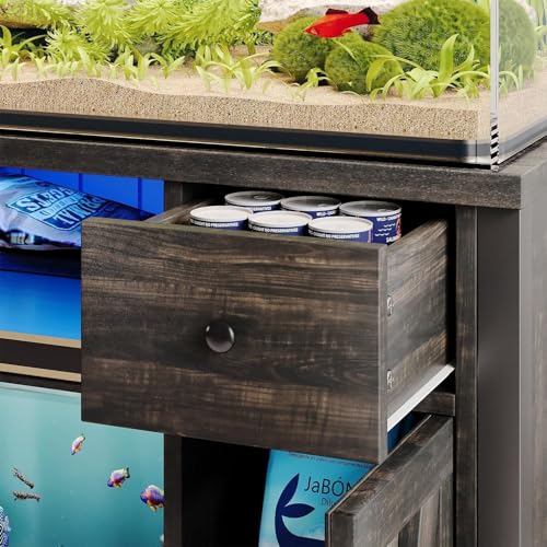 55-75 Gallon Fish Tank Stand with Power Outlet & LED Lights, Heavy Duty Aquarium Stand with Storage Drawers & Barn Doors, Reptile Tank Cabinet for Turtle, Reptile Terrarium, Dark Oak - color: Dark Oak
