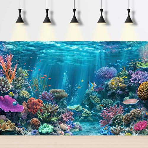 Under The Sea Aquarium Background Turquoise Underwater World Theme Terrarium Background Deep Ocean Sea with Coral Rocks Fish Tank Backdrop Tropical Ocean Marine with Sunbeams Backdrops 24x12in - color: Blue Brown, size: 24(W)x12(H)in