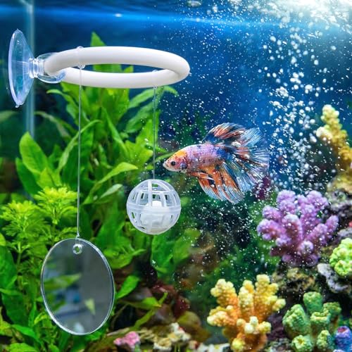 Betta Fish Tank Accessories Beta Enrichment Toys 2 Fish Exercise Training Rings with Suction Cups 2 Nitrifying Balls and 1 Floating Mirror with Ball for Aquarium Tank