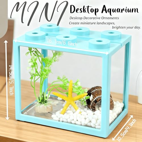 Small Betta Fish Tank, Stackable Mini Fish Tank Tiny Aquarium Kit with Aquarium Gravel & Resin Decorations, 0.6 Gallon Cube Desktop Fishbowl for Snails, Crabs, Starfish (Light Blue) - color: Light blue