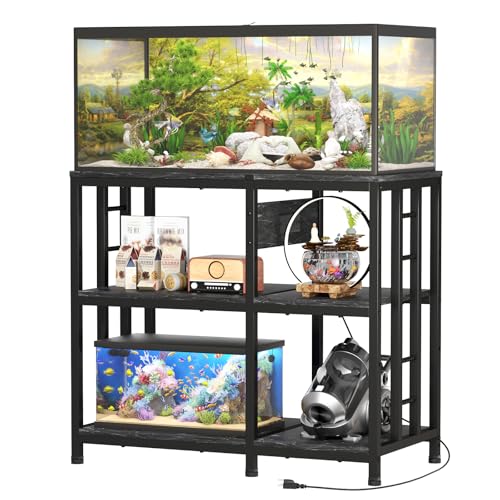 Reinforced 40-50 Gallon Aquarium Stand with Power Outlet | Ultra-Stable 720LBS Capacity Metal Fish Tank Stand for Reptile/Aquatic Setups, 5-Tier Adjustable 37"x19" Steel Shelving System - color: Marble, size: 40-50 Gallon