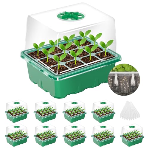 MIXC Seed Starter Tray with Elevated Lid, 120 Cells Seed Starter Kit with Adjustable Humidity Dome, Drainage Hole, Clear Heightened Lids for Indoor Outdoor Greenhouse Gardens, 10 Pack, Green - color: Green, size: 12 Cell-10 Packs Elevated Cover