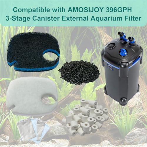 16 Pack Replacement Media Kit Compatible with AMOSIJOY 396GPH 3-Stage Canister External Aquarium Filter, Includes 6 White Pads, 2 Coarse Pads, 2 Activated Carbon, 2 Ceramic Rings & 4 Mesh Bags - size: Big for 396 GPH