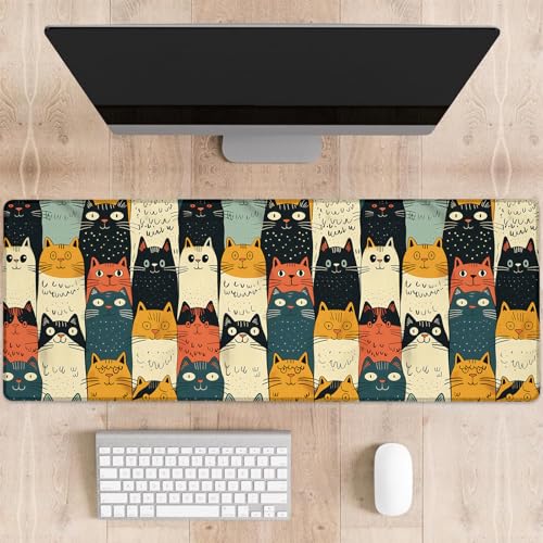 Cute Cat Gaming Mouse Pad, Adorable Retro Cartoon Cats Large Desk Mat for Computer, Extended Kitten Keyboard Laptop Mouse Pads 31.5×11.8in, Non Slip Rubber Mousepad for Office Decor Gifts - color: Cat27