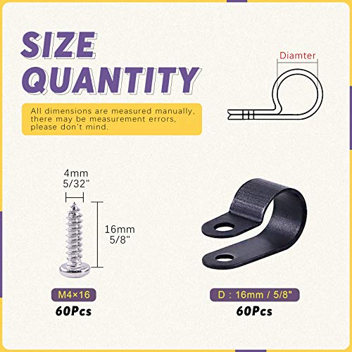 Swpeet 60 Pack Black 5/8 Inch Nylon Plastic R-Type Cable Clips Clamp Kit, Nylon Screw Mounting Cord Fastener Clips with 60 Pack Screws for Wire Management - color: Black, size: 5/8 Inch