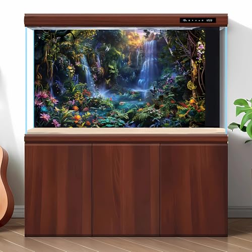 Waterfall Aquarium Background Enchanted Fantasy Forest Vibrant Blooms Fish Tank Background Tropical Forest Tranquil Stream Reptile Tank Backgrounds Fairy Rainforest Terrarium Backgrounds 24x12in - color: Blue_Green, size: 24(W)x12(H)inches/ 60(W)*30cm(H)