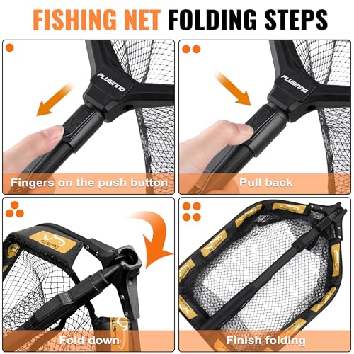 PLUSINNO Floating Fishing Net for Steelhead, Salmon, Fly, Kayak, Catfish, Bass, Trout Fishing, Rubber Coated Foldable Landing Net with Fixed or Telescoping Pole Handle, Fishing Gear and Gifts for Men - color: 11.8"/30cm Hoop Size 0.8M Orange (Fixed Pole)W