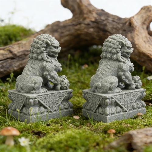 livelyfish Asian Fu Foo Dogs Statues Mini Pair of Two Guardian Lion Sandstone Figurine Pets Fish Tank Aquarium Landscape Ornaments Accessories Feng Shui Decorations (M2) - size: M2