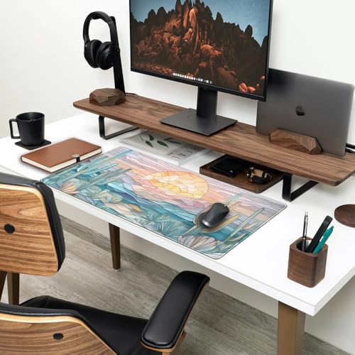 Desk Mat Gaming Abstract Ocean Desk Pad Large Mouse and Keyboard Pad, Faux Stained Glass Sun & Waves Mouse Mat XXL Desk Protector, Computer Mats for Desktop Sun & Waves Office Decor 31.5" X 15.7" - color: Faux Stained Glass