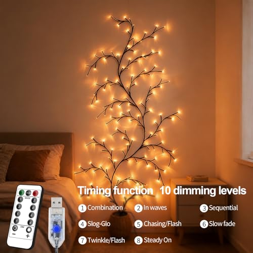 Enchanted Willow Vine Lights for Wall: 4FT 108 LED Twinkling Tree Branch Light with USB Battery Box, Remote Timer, 8 Light Model, Wall Decor String Lighted Garland for Christmas Decorations, Bedroom - color: White/108LED/4FT