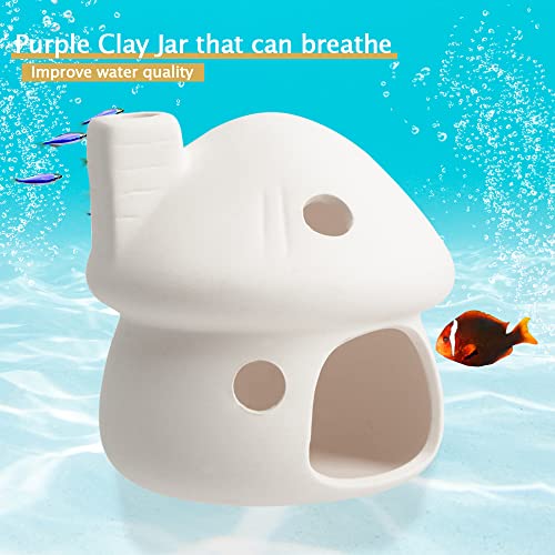 AnRui Natural Fish Tank Decortation Cute Mushroom Ceramic Aquarium Decor Small House Betta Cave Hideout Ornament Accessories for Small Fish, Shrimp, White
