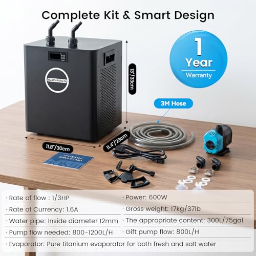 BAOSHISHAN 1/3 HP Aquarium Chiller 79 Gallons 300L Water Cooling System Set | Quiet Compressor Refrigeration for Indoor Hydroponics, Axolotls and Coral Reef Tanks, Precise Water Climate Control Solutions - size: 300L