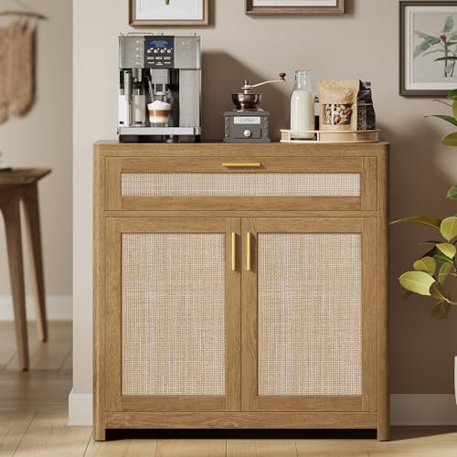 VASAGLE ELLAN Collection - Boho Buffet Cabinet with Rattan-Look Doors, Sideboard Storage Cabinet, Rounded Corners, Adjustable Shelf, Drawer, for Kitchen, Natural Brown UBBK601KC01 - color: Natural Brown (With Drawer), size: 1 Pcs