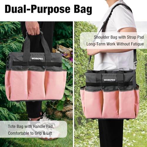 WORKPRO Garden Tool Bag, Heavy Duty Gardening Tote Bag Organizer with 10 Pockets and Long Adjustable Shoulder Strap, Standable Garden Home Tool Kits Organizer, Pink - color: Pink