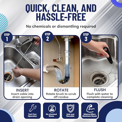 48" Flexible Tube Brush – Long Pipe Snake for Sink - AC Condensate Line Cleaning - Flexible Pipe Cleaner Brush for Hair, Food & Clog Removal - Cleaner Tool – B313C by FryOilSaver Co. - size: 4 feet