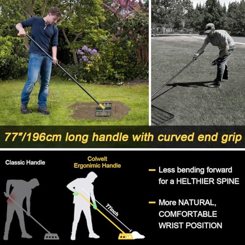 Colwelt Lawn Leveling Rake17 x10, Lawn Leveler Rake with Great Leveling Accuracy, Leveling Rake for Soil with 77’’ Adjustable Curved End Grip Handle, Lawn Leveling Tool Yard Leveler for Leveling Soil