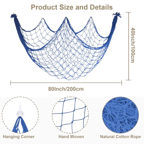 2 Pack Fish Net Decorations, 80x40 Inch Haze Blue Fishing Net Decor for Under The Sea Hawaiian Beach Them Party, 3mm Thick Natural Cotton Versatile Nautical Netting for Party Wall Table Ceiling Decor - color: Haze Blue, size: Large - 2 Pack