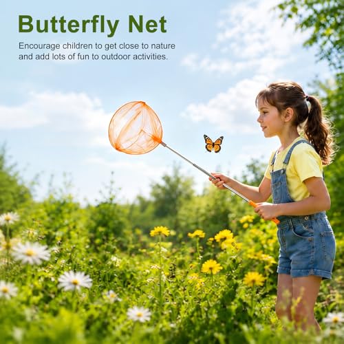 M METERXITY 1-Set Telescopic Fishing Net for Teenagers, Extendable 18.89 Inches Adjustable Handle Small Nets with Bucket for Catching Bug/Small Fish/Shrimp/Aquarium/Outdoor [Orange]