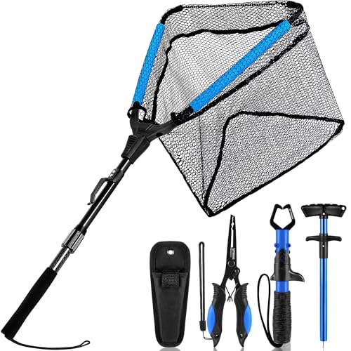 PLUSINNO Fishing Net Fish Floating Landing Net, Kayak Nets with Fixed Foldable Telescopic Pole Handle, Bass Trout Fishing Nets with Nylon Mesh for Pond Lake River, Fishing Gear Gifts for Men Anglers - color: 35”/0.9M Fishing net with tools, size: 0.9m(Ext