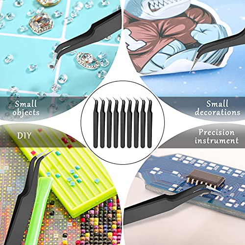 Honoson 9 Pieces Curved Pointed Craft Tweezers Stainless Steel Precision Tweezer with Protective Cover for Rhinestones Dried Flowers Craft Stickers Eyelash Extension Jewelry Making(Black) - color: Black