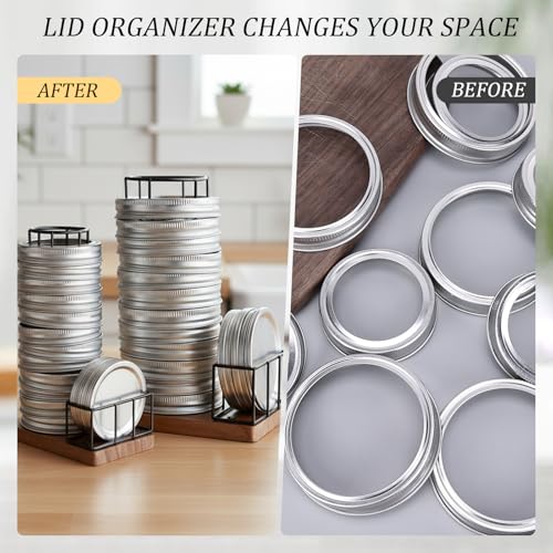 2PCS Mason Jar Lid Organizer & Holder (Wide Mouth & Regular Mouth) Iron Ball Jar Wooden Storage Accessories for Home Kitchen Organization Fit Mason/Canning/Bamboo Lids, Holds 20 Lids & 20 Rings