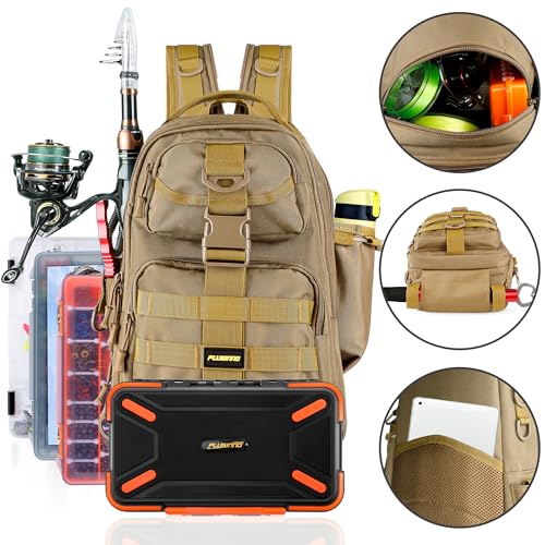 PLUSINNO Fishing Backpack Tackle Bag, Water-Resistant Backpack with Rod Holder, Ideal Gifts for Men - color: Khaki Backpack With 4 Boxes