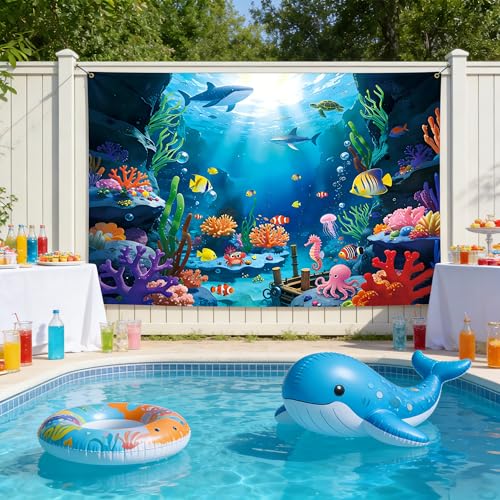 8x6Ft Under The Sea Backdrop Polyester Ocean Backdrop Under The Sea Themed Party Decorations for Girls Boys Birthday Party Photography Background Photo Booth Prop with Ribbon - color: Under The Sea, size: 8×6 ft